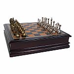 Metal Chessmen with Deluxe Wood Chess Board & Storage